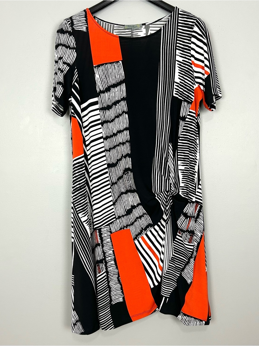 Chalet et Ceci Abstract Midi Dress Women’s Sz L Stretch Jersey Knit Art to Wear